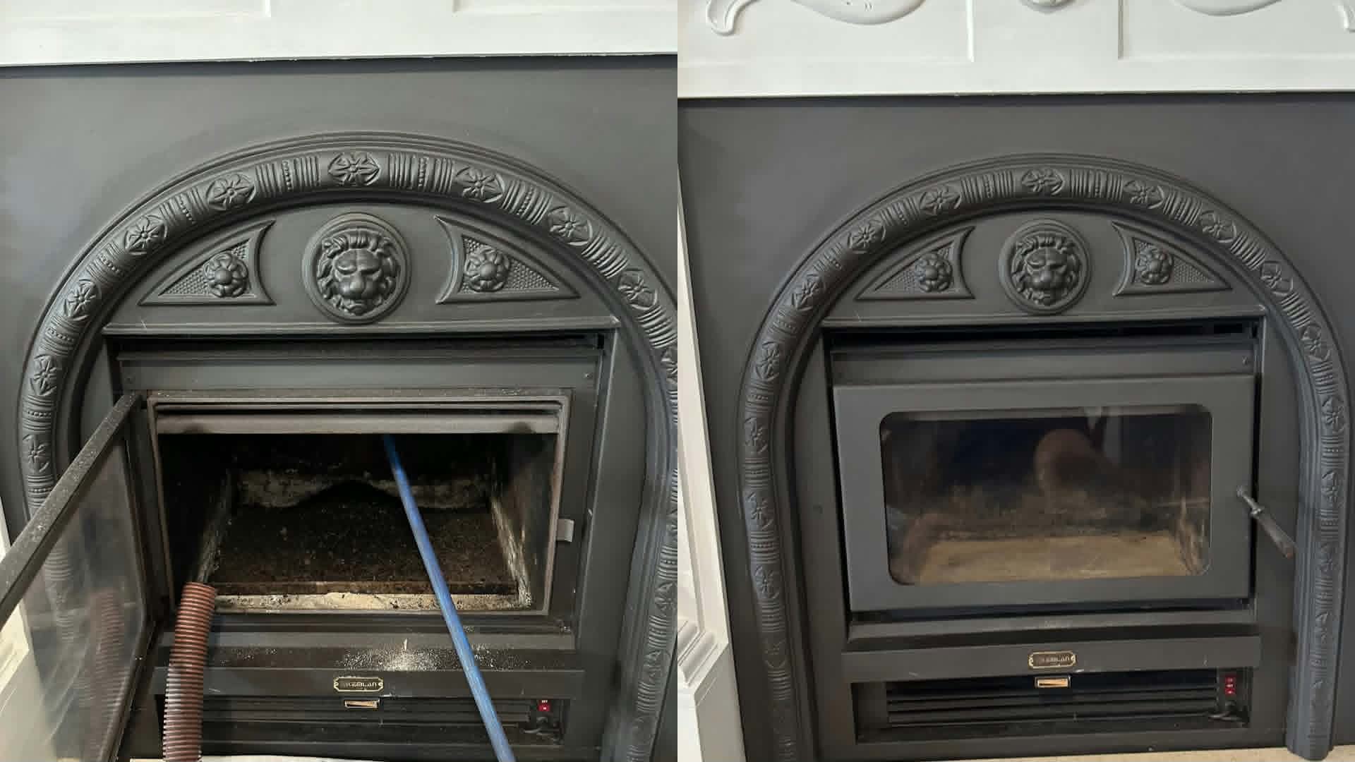 Lion's head cast-iron fireplace insert, shown mid-sweep with rods and soot vacuum, then cleaned and closed up