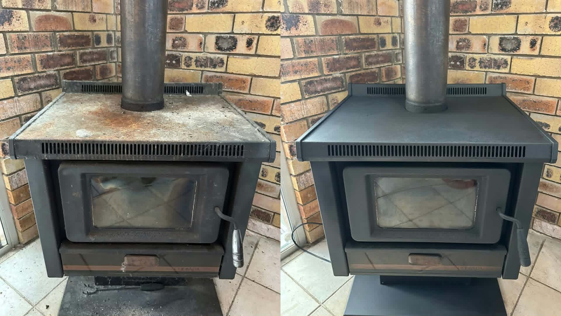 Freestanding wood heater with a rusted top plate, and the same heater after being stripped back and repainted