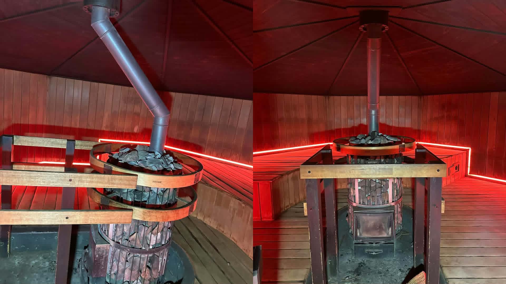 Sauna wood heater with an offset flue, and the same heater after the flue was re-run straight through the roof