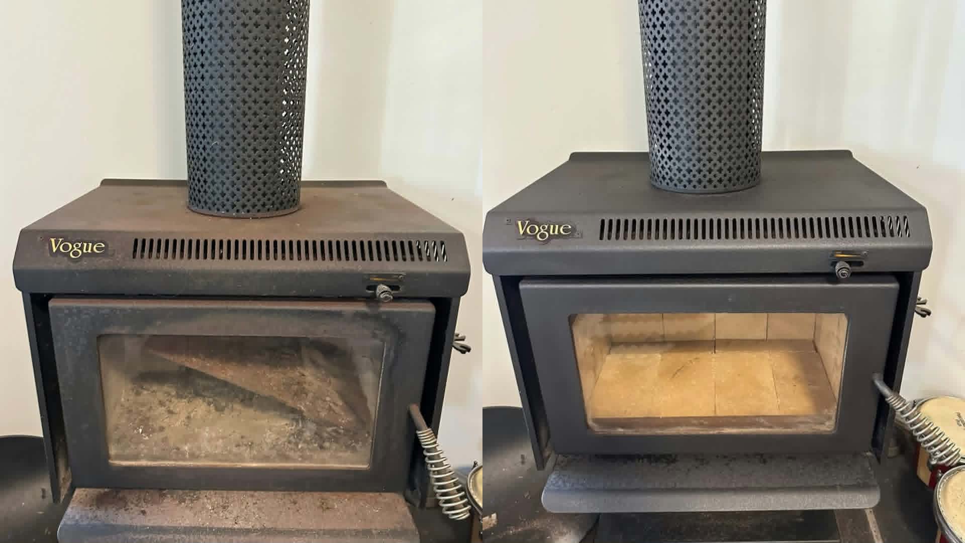 Freestanding heater with blackened glass and worn firebricks, then the same heater cleaned with fresh bricks fitted